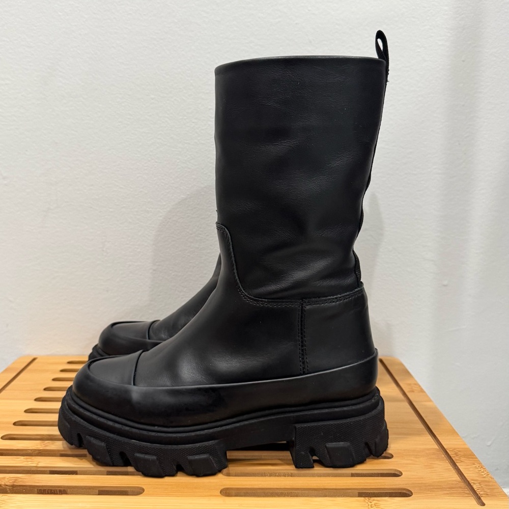 GANNI Tubular Leather Boots | Black Chunky Platform Mid-Calf Boots | Size 38
